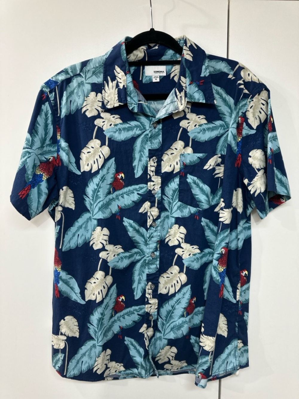 Sonoma Navy Blue Tropical Parrot Print Button-Up Shirt
